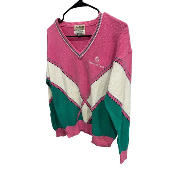 Vintage Lady LaMode Active Sportswear Pink Green White V Neck Sweater SZ Large - Picture 3 of 10